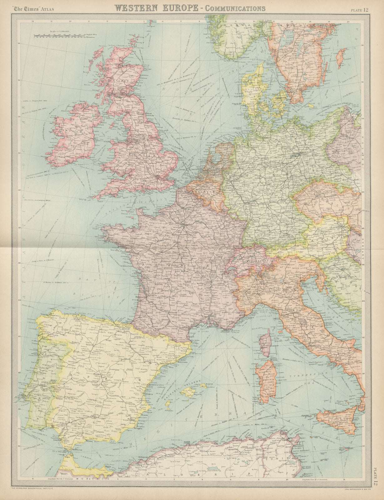 Western Europe - Communications. Railways shipping routes. THE TIMES 1922 map